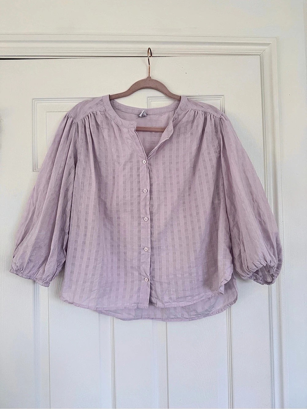 Old Navy Lavender Textured Grid Puff Sleeve Button Front Blouse Cotton Size L